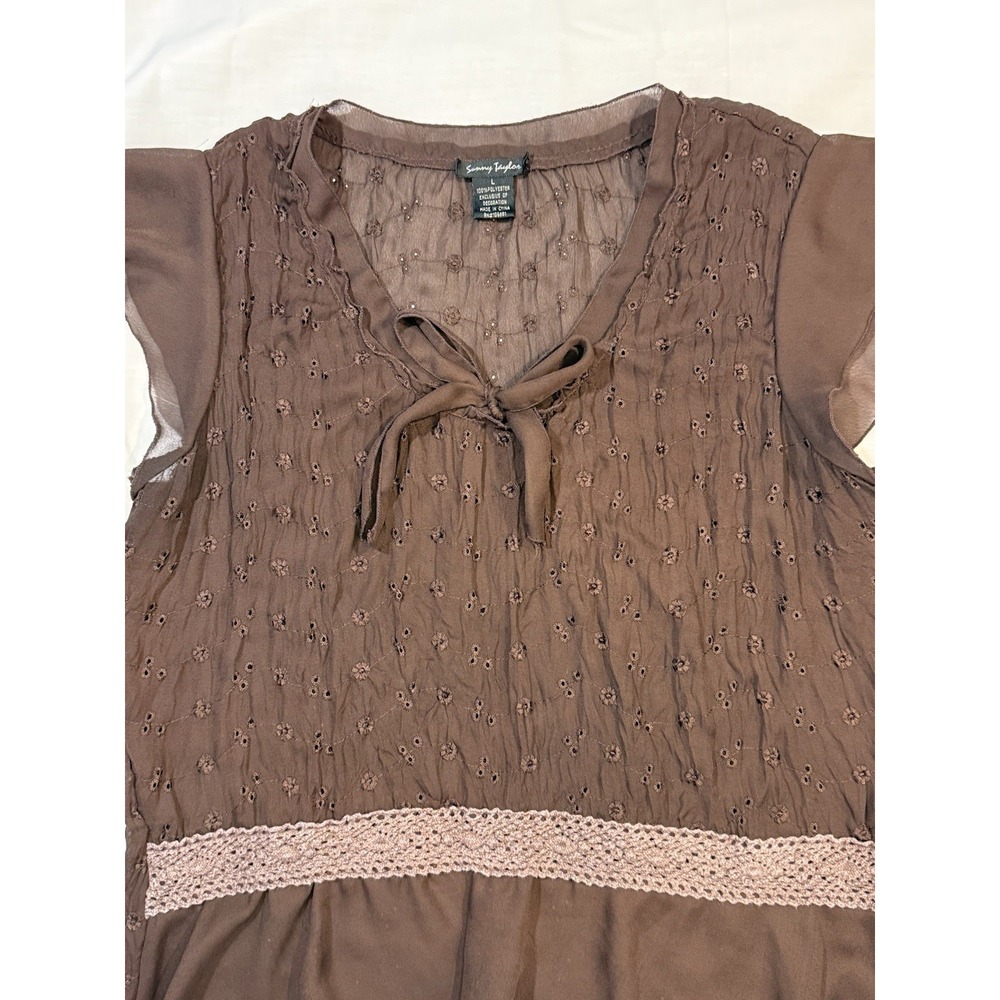 Vintage 90s Sunny Taylor Women's Deep V-Neck Top Dark And Light Brown Size Large - Picture 3 of 5